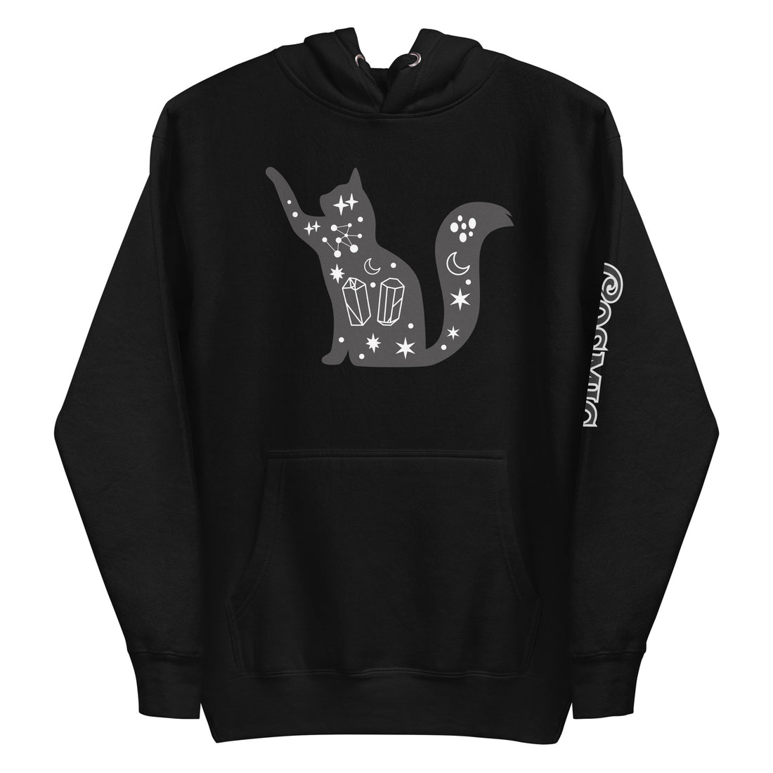 Crystals Cat — black pullover hoodie, front view