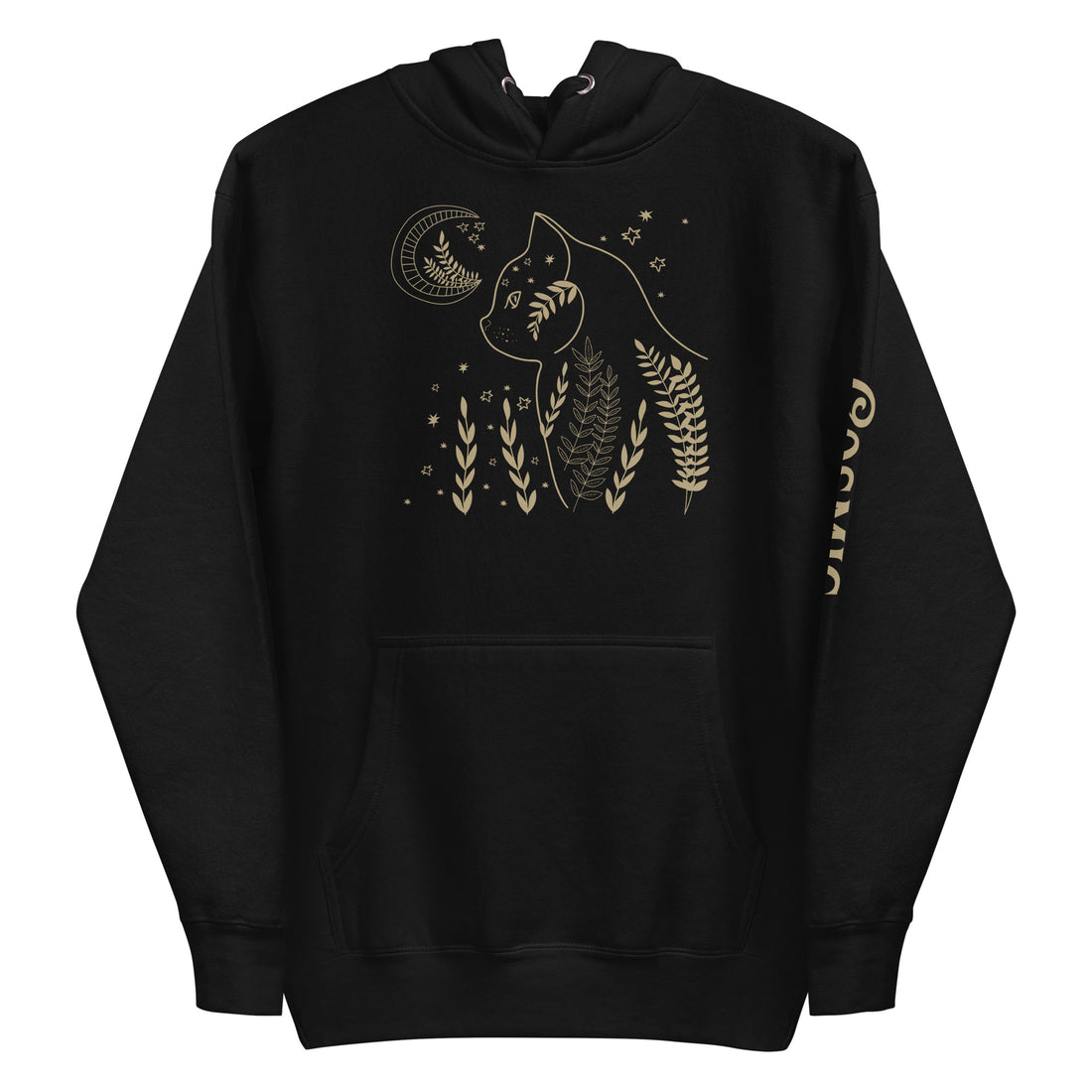 Celestial cat hoodie — gold line-art cat prowling through ferns and wheat under. Unisex graphic hoodie, a great celestial gift.