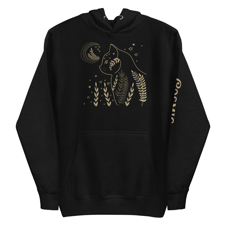 Celestial cat hoodie — gold line-art cat prowling through ferns and wheat under. Unisex graphic hoodie, a great celestial gift.