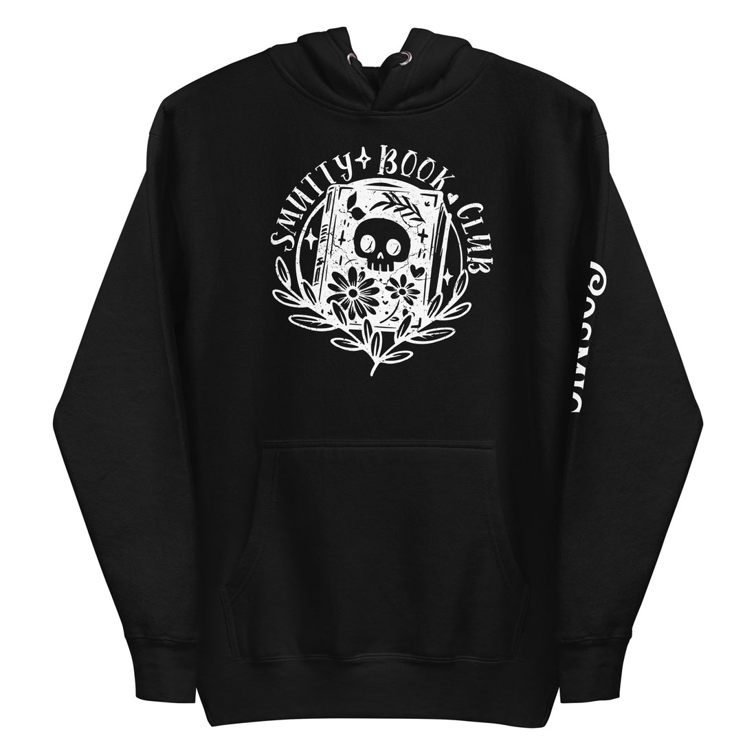 Smutty Book Club Skull — black pullover hoodie, front view