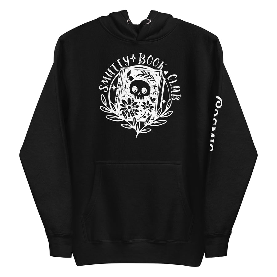 Smutty Book Club Skull — black pullover hoodie, front view