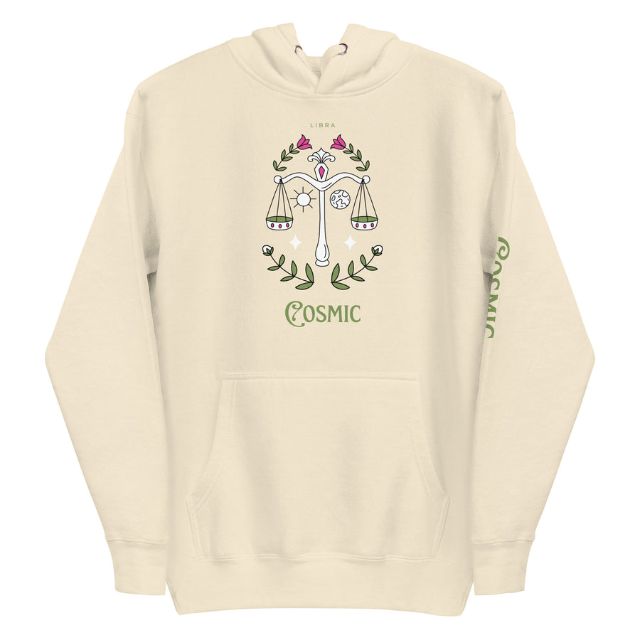 Libra zodiac hoodie — Libra's scales held in perfect balance inside a wreath. Unisex graphic hoodie, a great Libra gift.