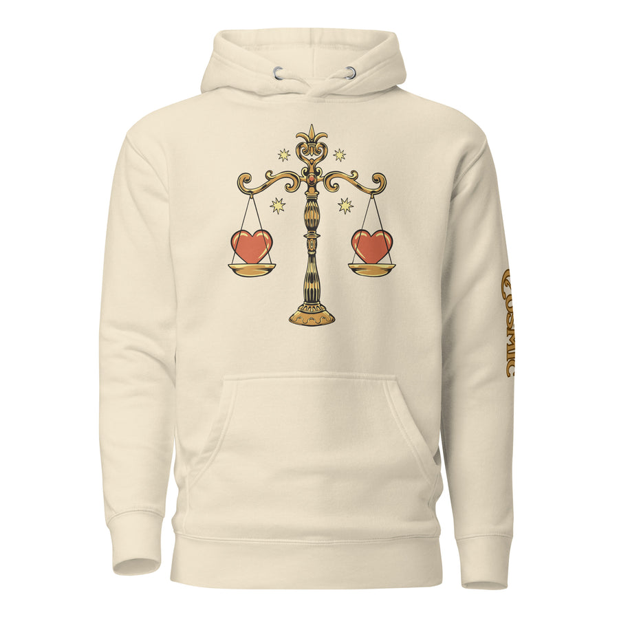 Libra zodiac hoodie — ornate golden balance on a tall stand with a red heart. Unisex graphic hoodie, a great Libra gift.