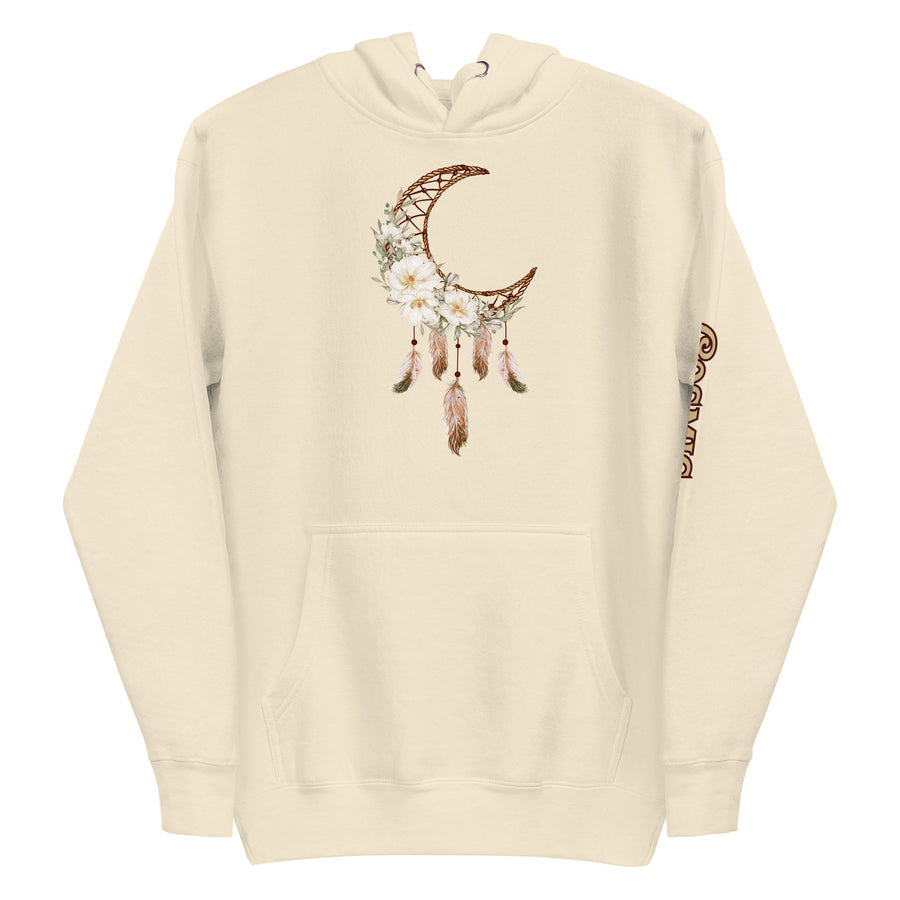Boho dreamcatcher hoodie — warm-toned crescent moon and dreamcatcher hung. Unisex graphic hoodie, a great boho gift.