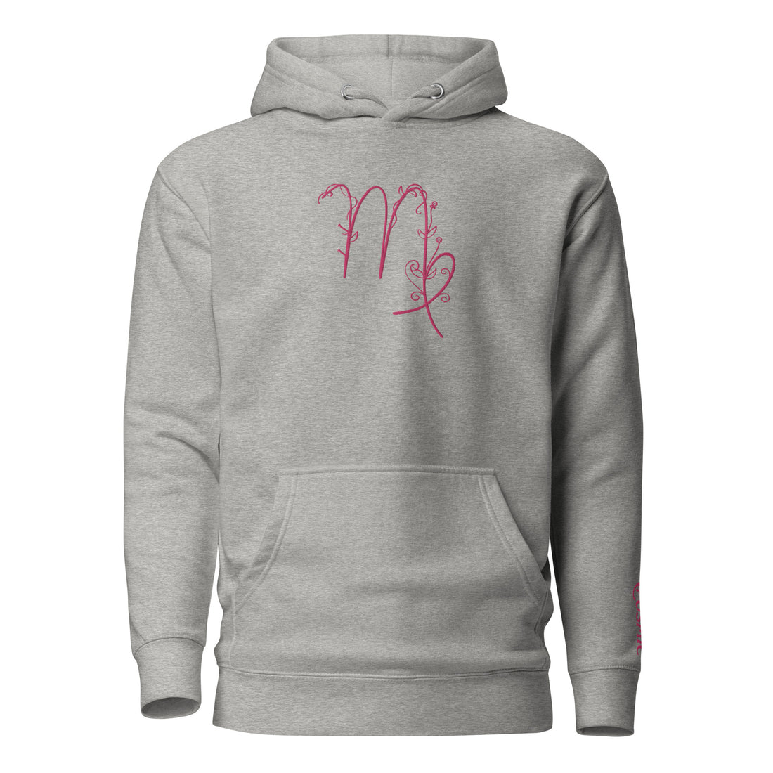 Pink flowery Virgo floral zodiac hoodie in carbon grey, front view