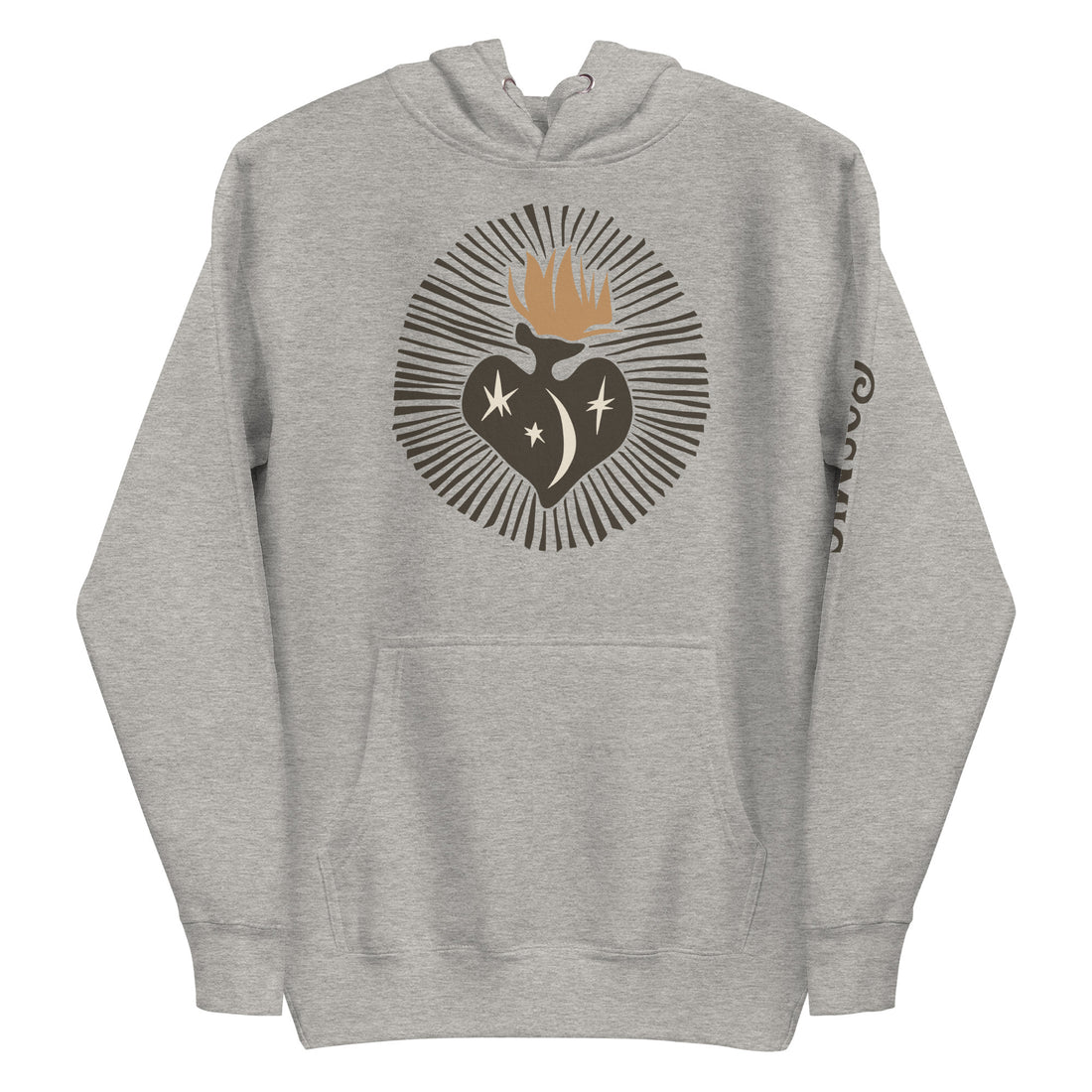 Cosmic heart celestial love hoodie in carbon grey, front view