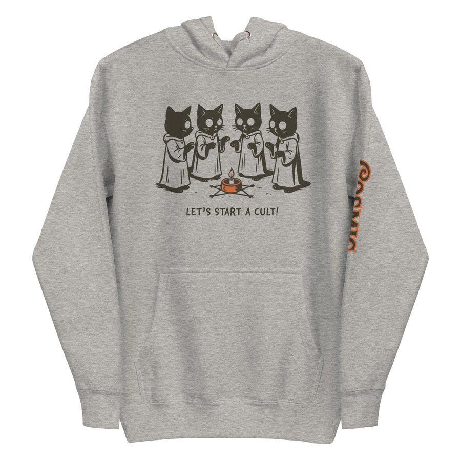 Funny cat hoodie — four robed cats gathered around a campfire beneath. Unisex graphic hoodie, a great cat-lover gift.
