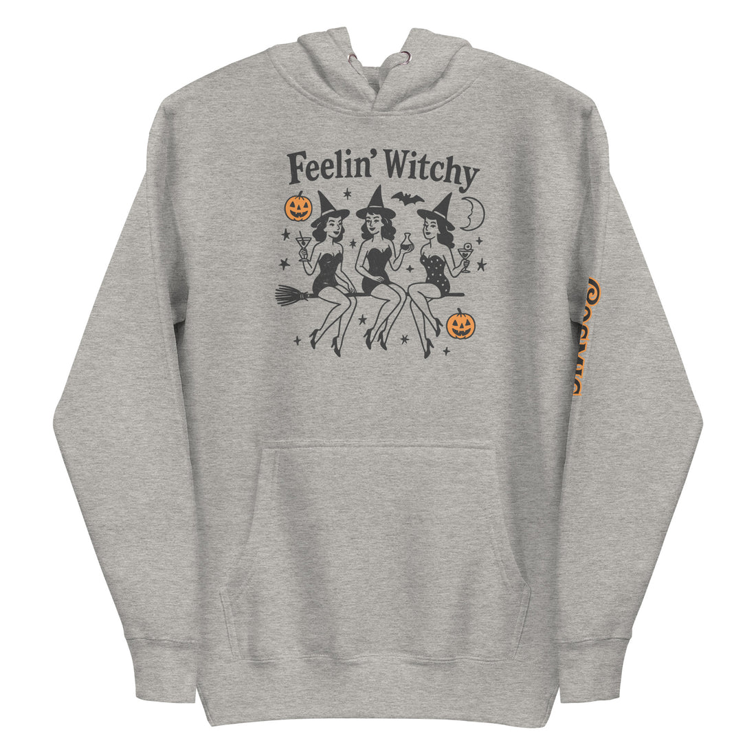 Witchy Halloween hoodie — 'Feelin' Witchy' script above three witches on brooms. Unisex graphic hoodie, a great witchy gift.