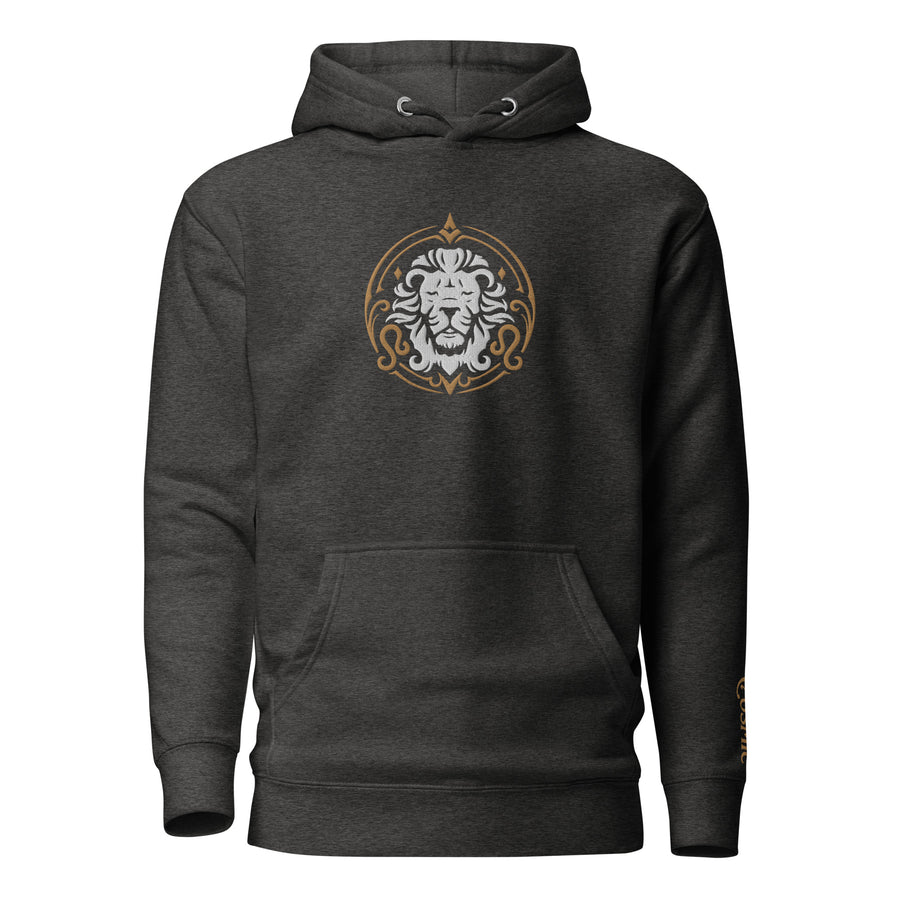 Charcoal heather premium hoodie with ornate baroque Leo design, front view