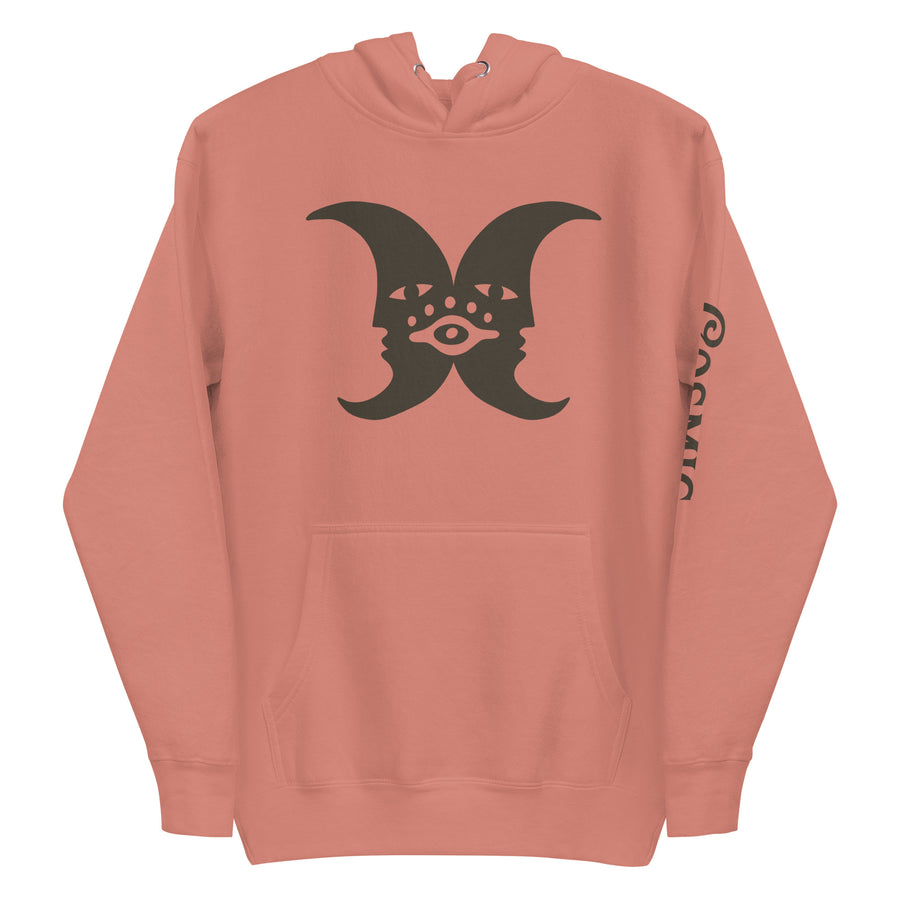 Dusty rose premium hoodie with crescent moon faces celestial design, front view