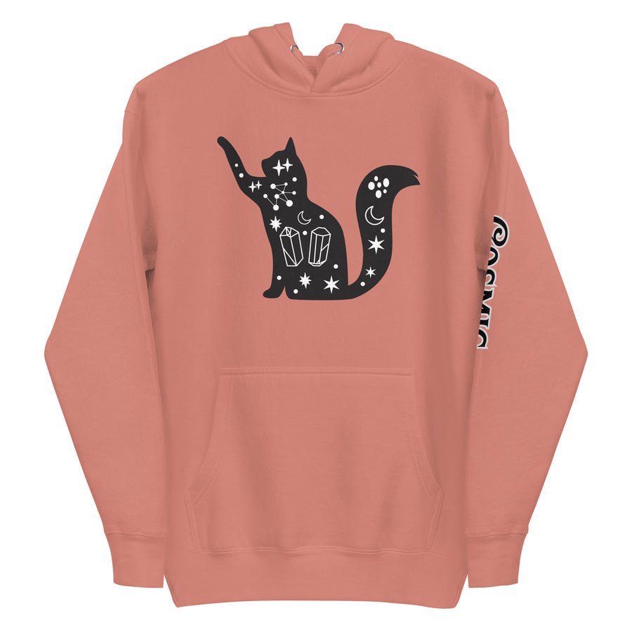 Witchy cat hoodie — arch-backed black cat filled with moons and stars. Unisex graphic hoodie, a great witchy gift.