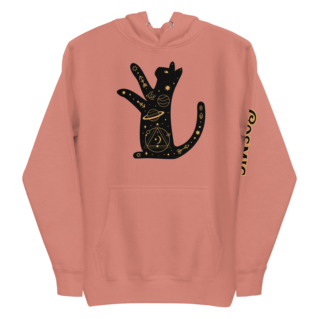 Space Kitty — dusty rose pullover hoodie, front view