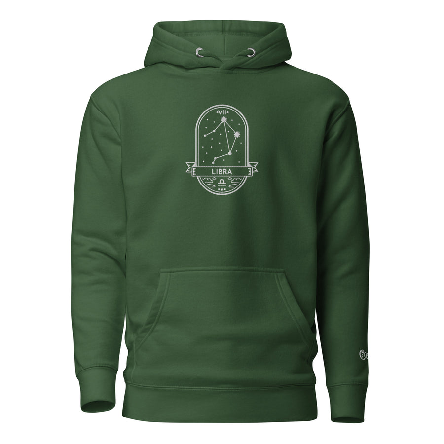 Forest green premium hoodie with Libra badge crest emblem, front view