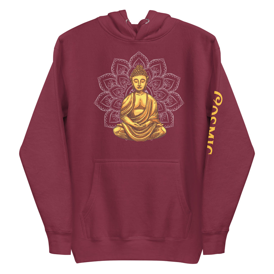 Peaceful maroon premium hoodie, dark academia style, front view