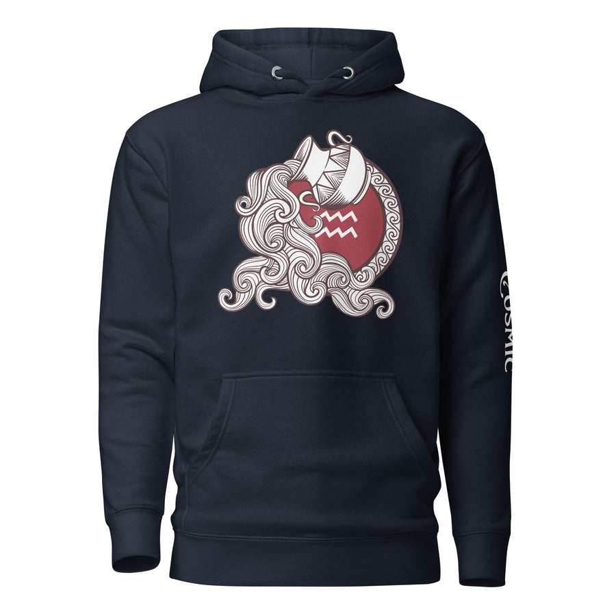 Navy blazer premium hoodie with flowing Aquarius water bearer design, front view