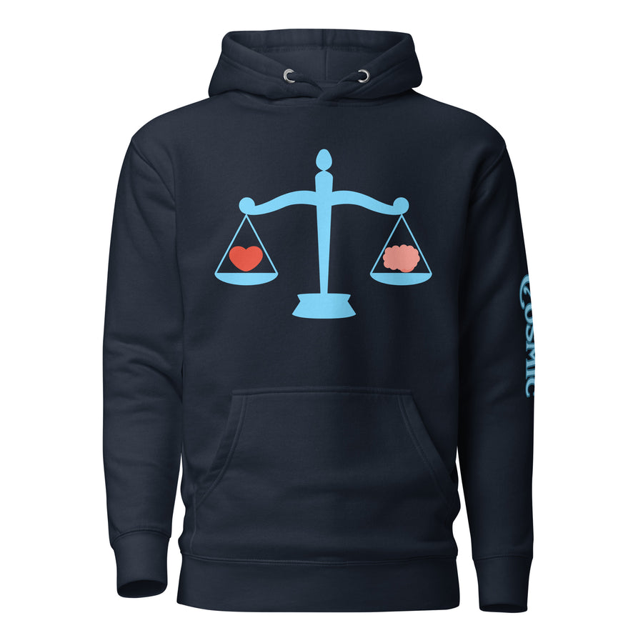 Libra zodiac hoodie — bright pastel balance weighing a red heart against. Unisex graphic hoodie, a great Libra gift.