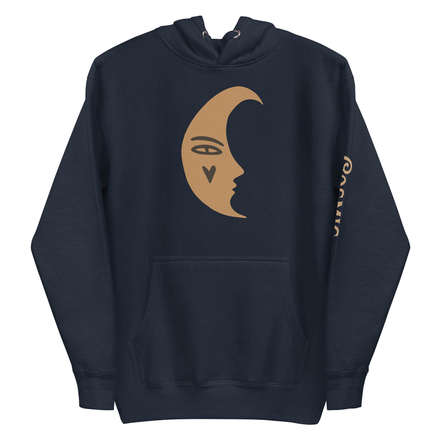 Navy blazer premium hoodie with sketch-style moon doodle design, front view