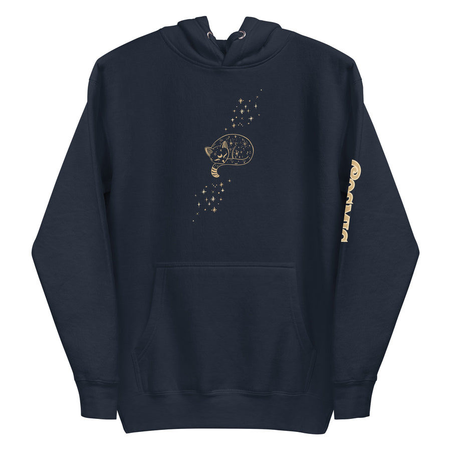 Celestial cat hoodie — small cat made of connected stars with a trail. Unisex graphic hoodie, a great celestial gift.