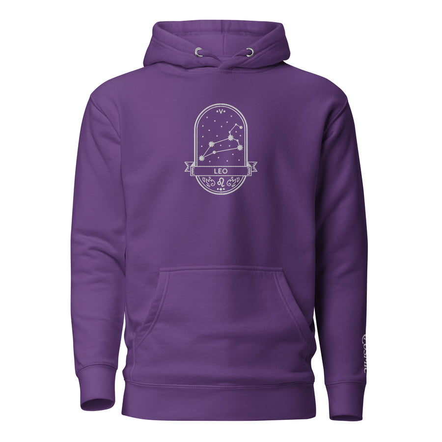 Purple premium hoodie with Leo badge crest emblem, front view