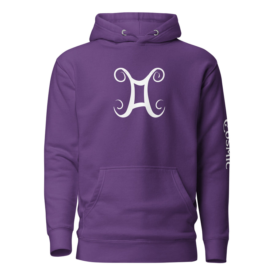 Gemini zodiac hoodie — oversized, softly rendered Gemini glyph with curling serif. Unisex graphic hoodie, a great Gemini gift.