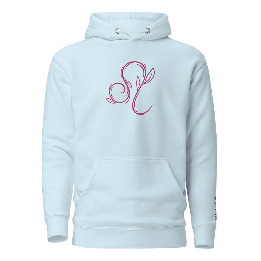 Sky blue premium hoodie with pink flowery Leo design, front view