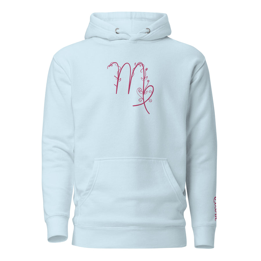 Sky blue premium hoodie with pink flowery Virgo design, front view