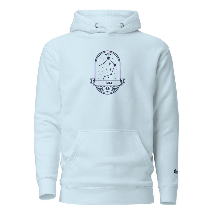 Sky blue premium hoodie with Skies Libra badge crest, front view