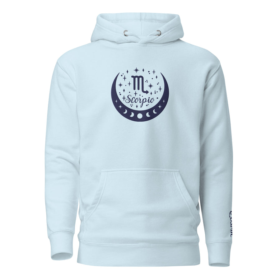 Sky blue premium hoodie with Scorpio moon lunar design, front view