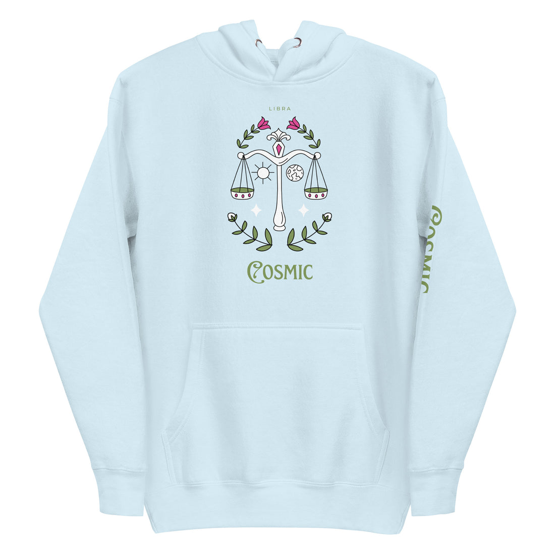 Libra Crest — sky blue pullover hoodie, front view