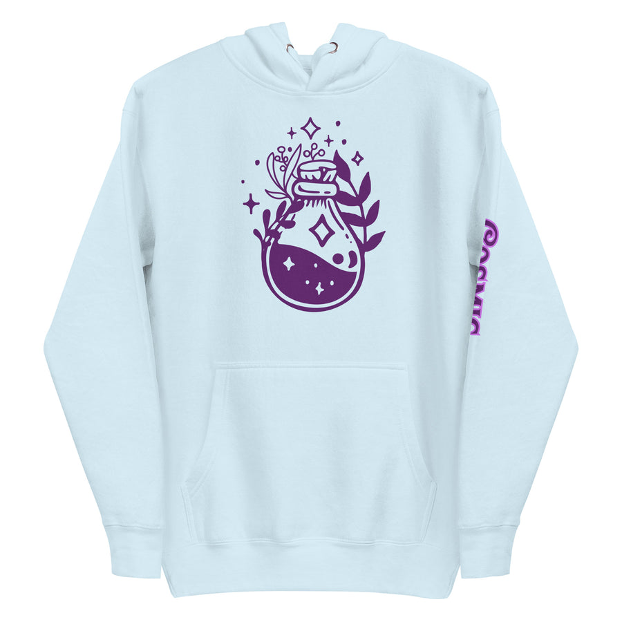 Witchy hoodie — glowing purple potion orb stacked with old books, herbs. Unisex graphic hoodie, a great witchy gift.