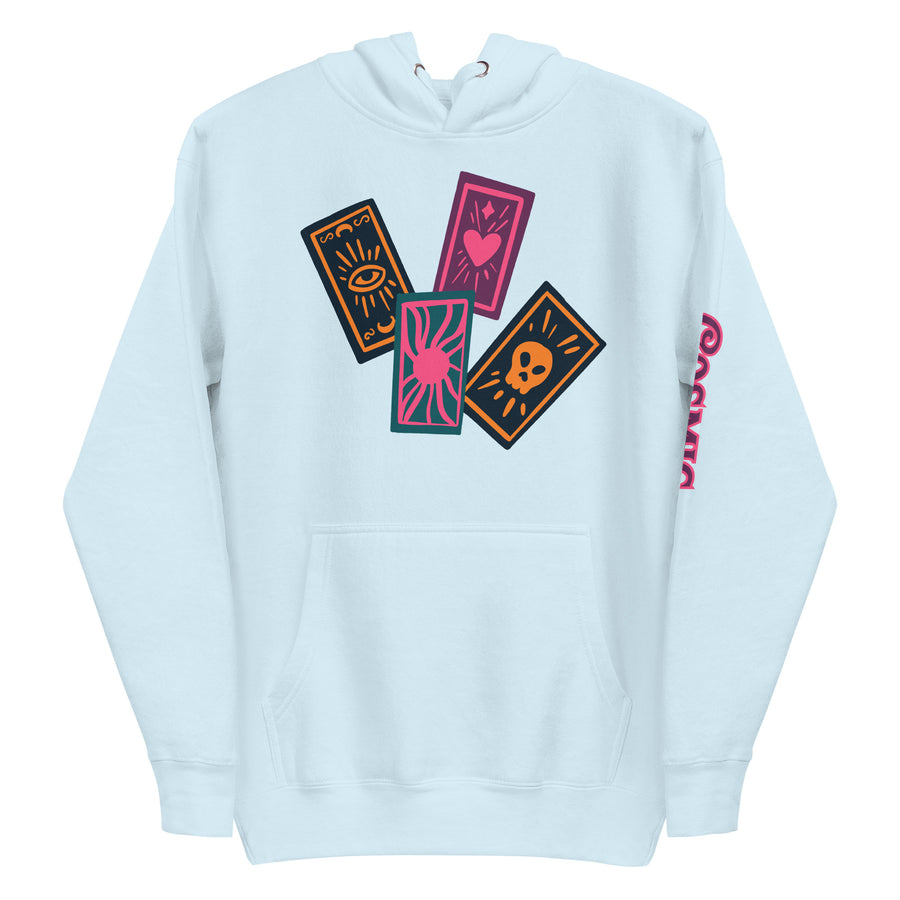 Tarot hoodie — fanned spread of colourful tarot cards marked. Unisex graphic hoodie, a great tarot gift.