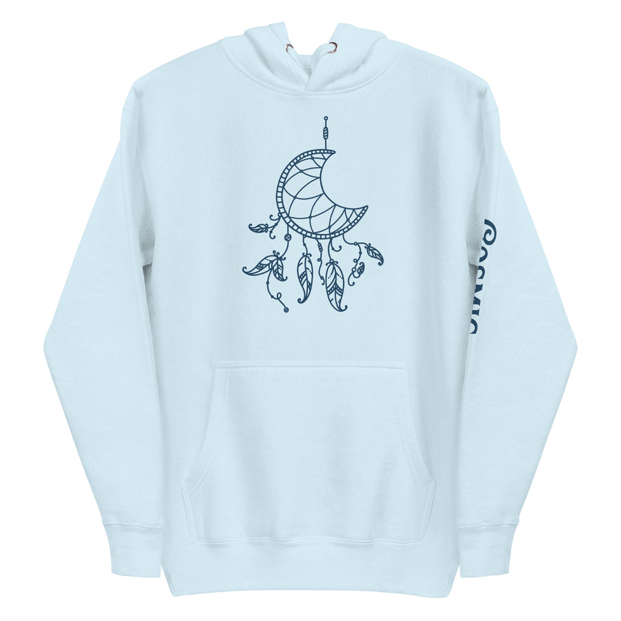 Boho dreamcatcher hoodie — navy crescent-moon dreamcatcher trailing feathers against. Unisex graphic hoodie, a great boho gift.