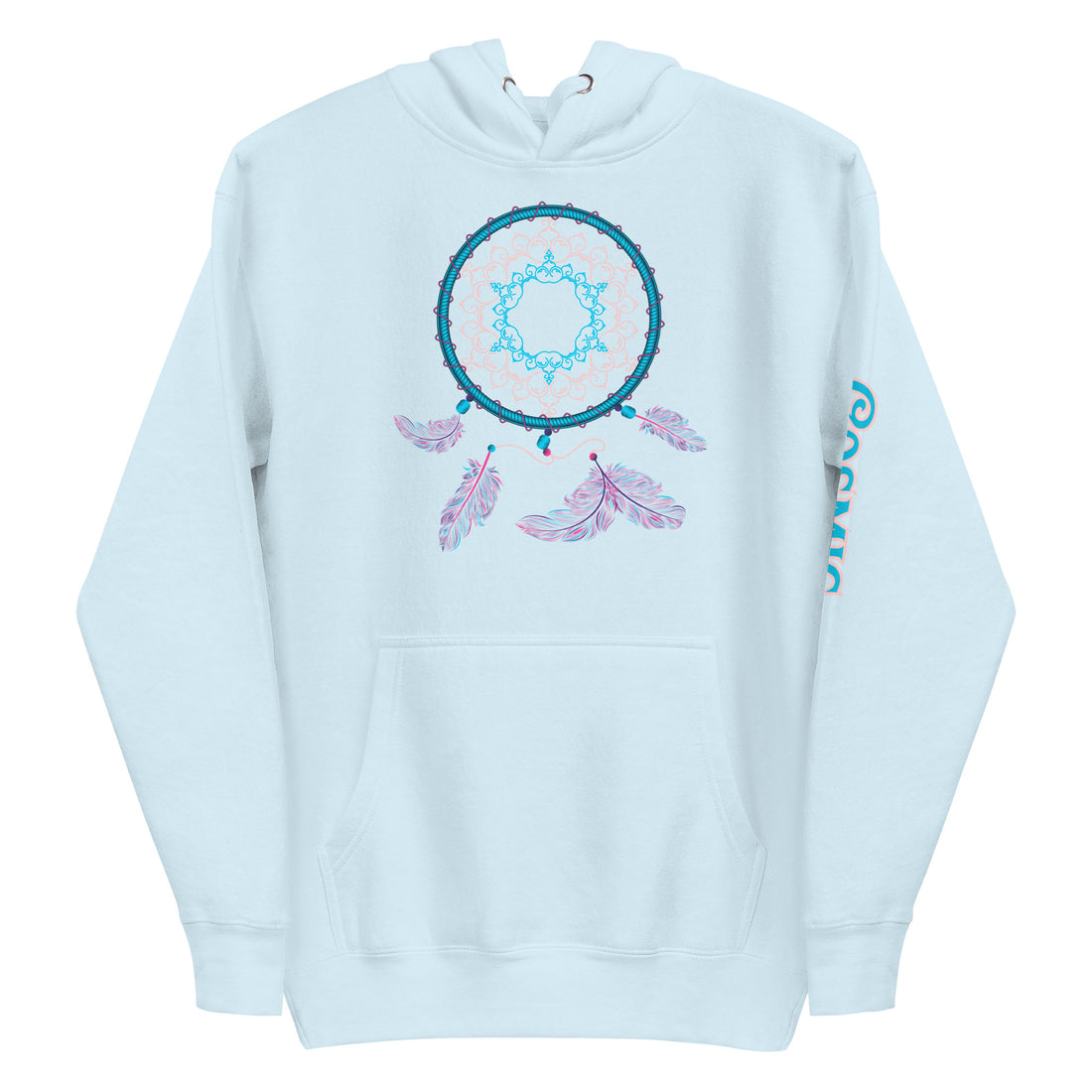 Blues and Pinks Dreamcatcher — sky blue pullover hoodie, front view