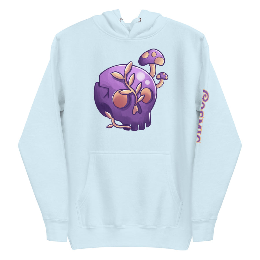 Mushroom skull hoodie — purple skull with mushrooms and vines sprouting from. Unisex graphic hoodie, a great mushroom gift.