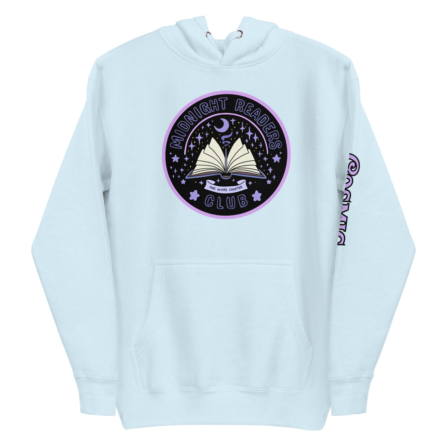 Midnight Readers Club — sky blue pullover hoodie, front view
