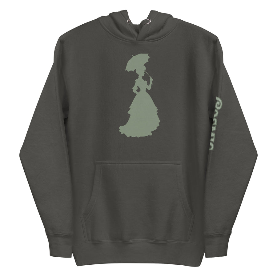 Victorian hoodie — soft sage silhouette of a Victorian woman under. Unisex graphic hoodie, a great Victorian gift.