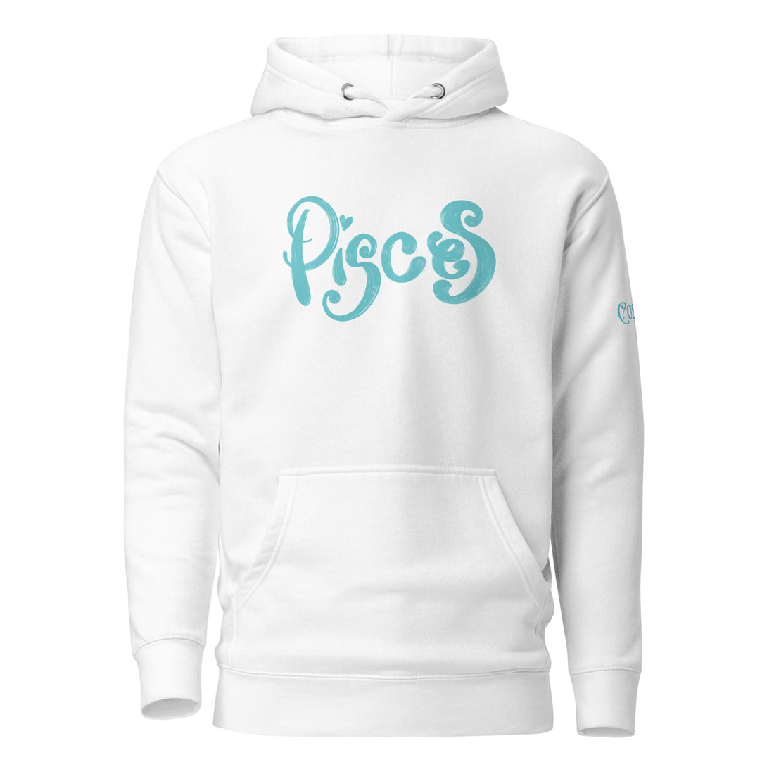 White premium hoodie with teal Pisces script lettering, front view