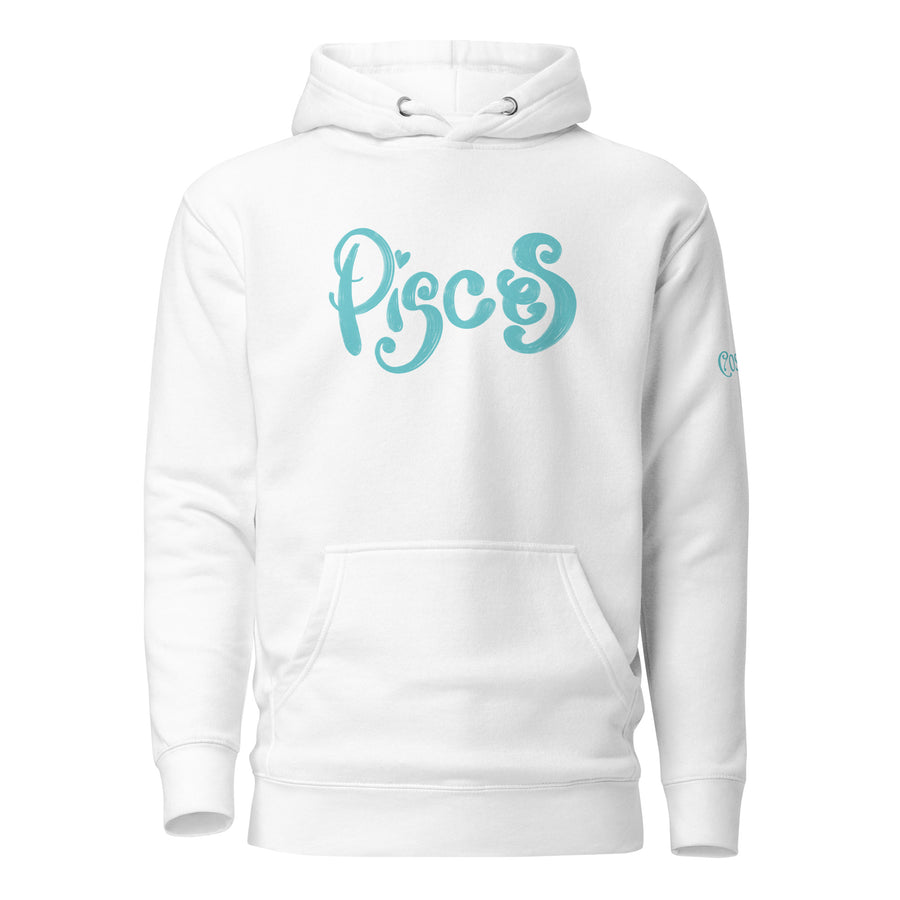 White premium hoodie with teal Pisces script lettering, front view