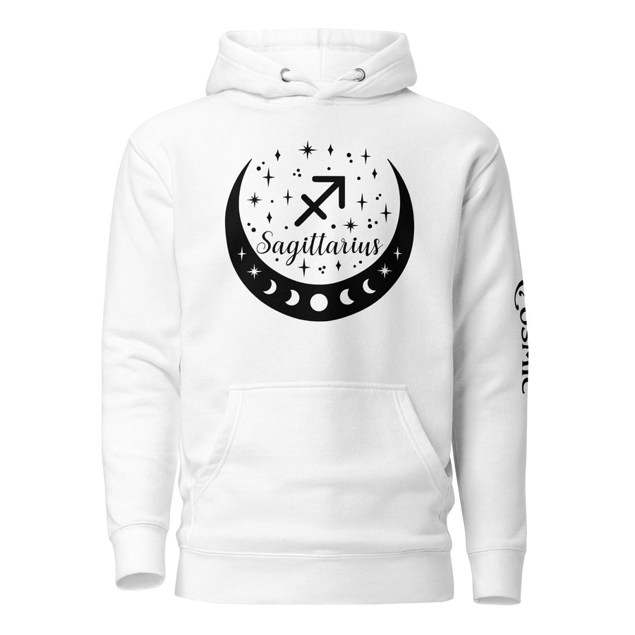 White premium hoodie with Sagittarius moon lunar design, front view