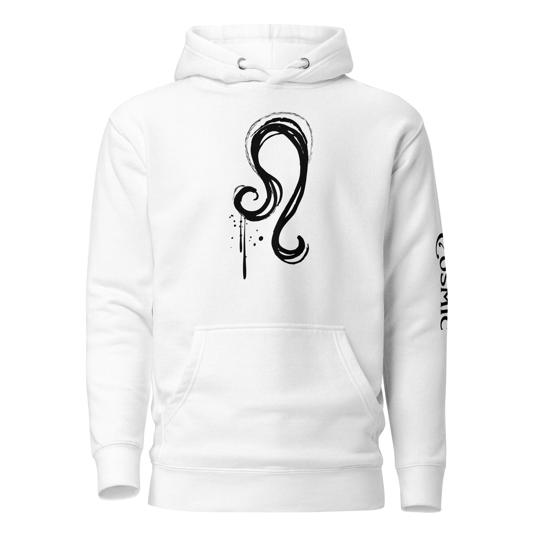 White premium hoodie with inked tattoo-style Leo design, front view