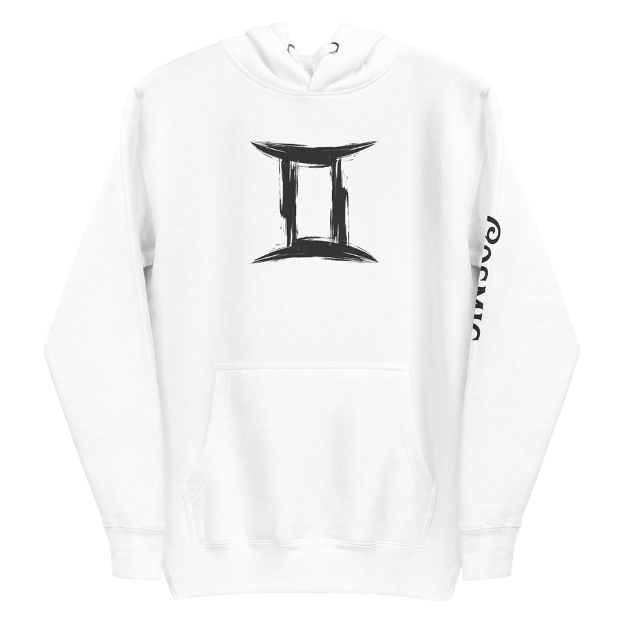 Gemini zodiac hoodie — bold brush-and-ink Gemini symbol with loose, painterly. Unisex graphic hoodie, a great Gemini gift.