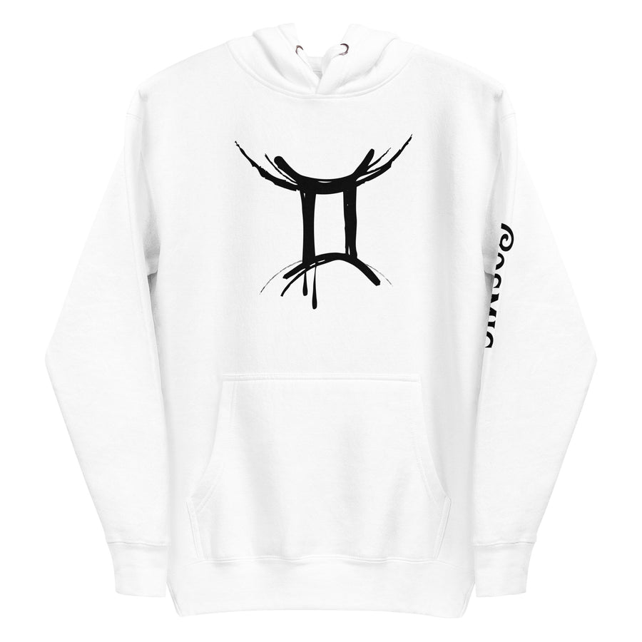 White premium hoodie with inked tattoo-style Gemini design, front view