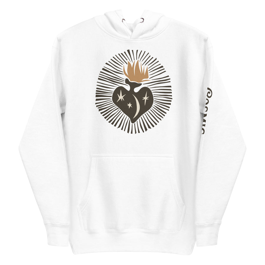 White premium hoodie with cosmic heart celestial design, front view