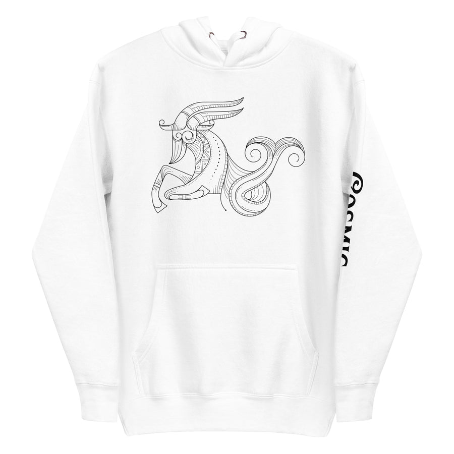 White premium hoodie with vintage industrial Capricorn design, front view