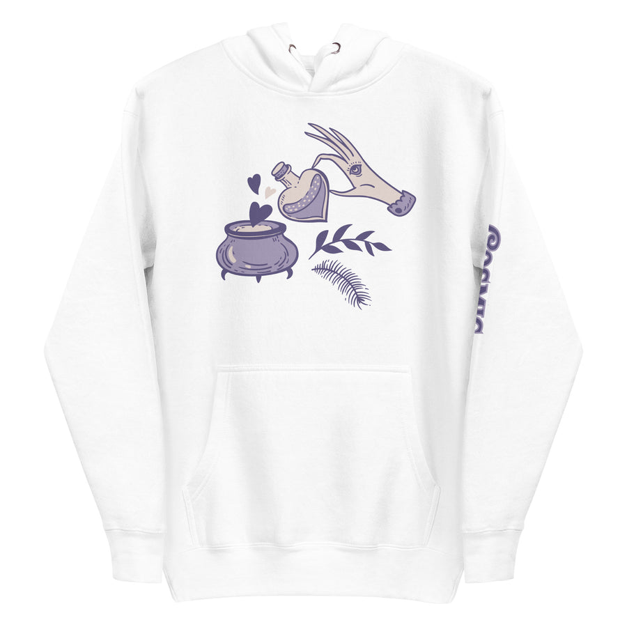 Witchy hoodie — purple line-art horse tipping a potion bottle. Unisex graphic hoodie, a great witchy gift.