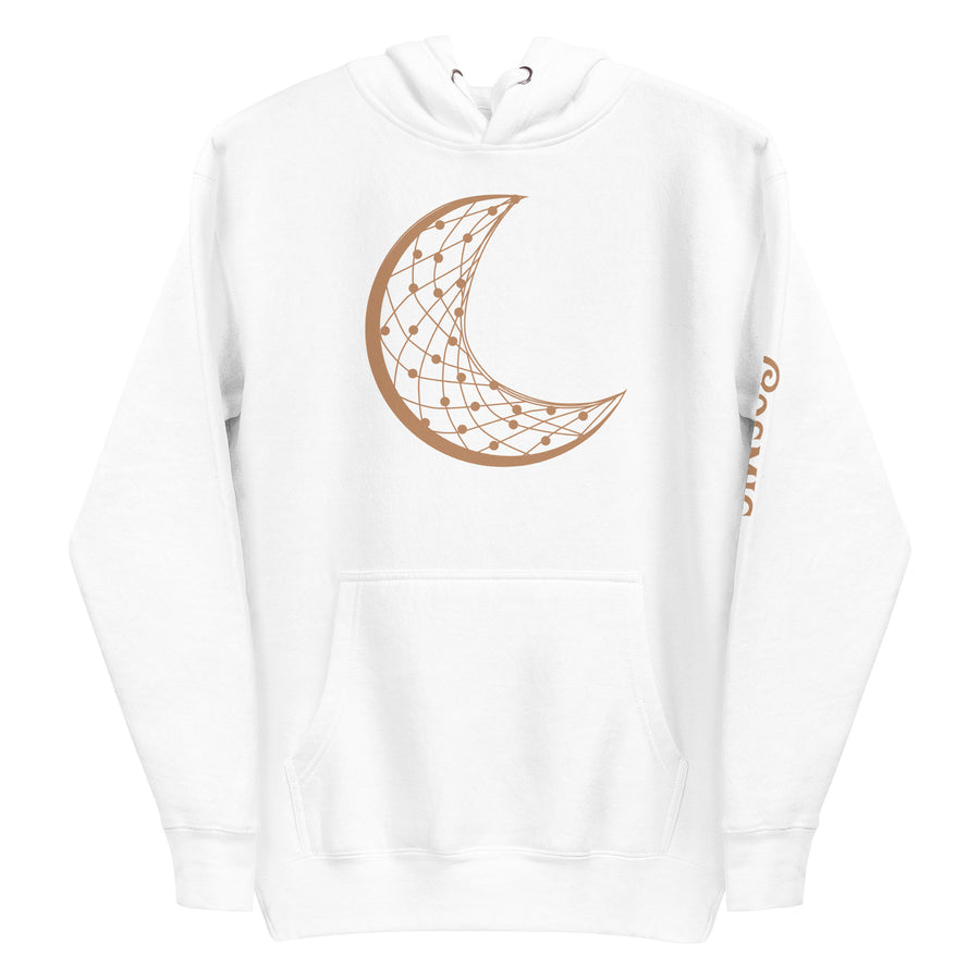 Celestial moon hoodie — gold crescent moon strung like a dreamcatcher web, fine. Unisex graphic hoodie, a great celestial gift.