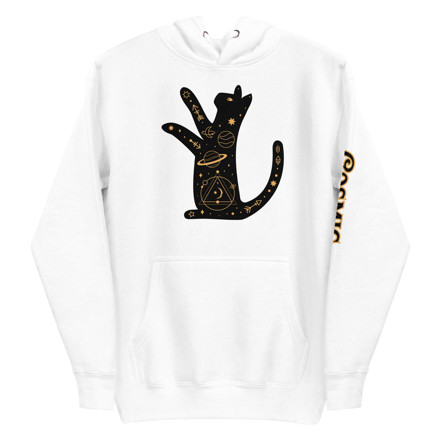 Space cat hoodie — black cat stretching skyward, its body full of tiny. Unisex graphic hoodie, a great cat-lover gift.