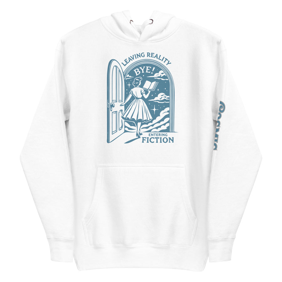 Bookish hoodie — doorway-and-mirror badge. Unisex graphic hoodie, a great book-lover gift.