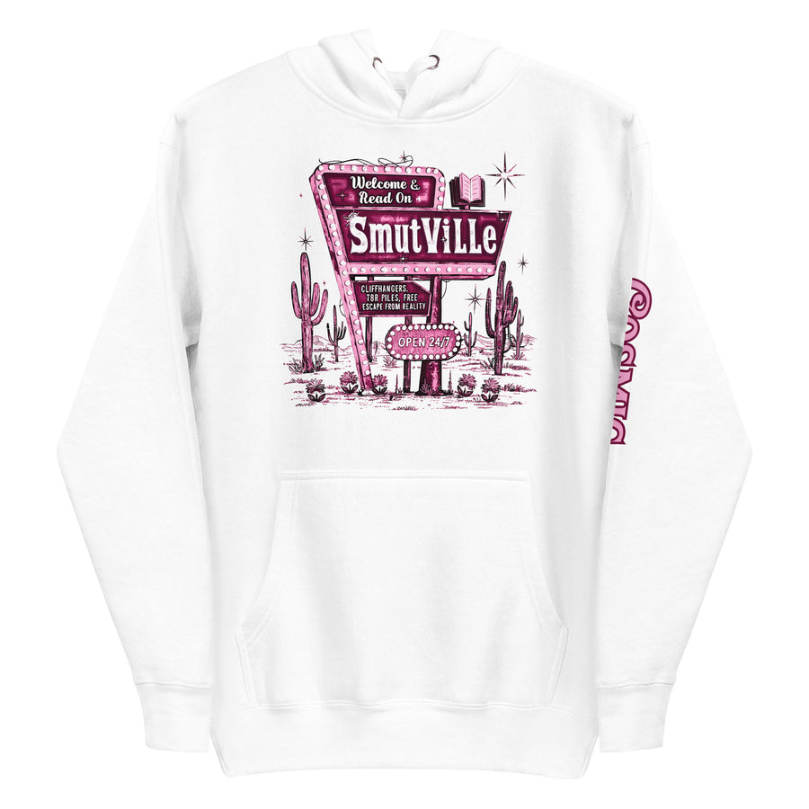 Spicy book lover hoodie — pink retro motel sign. Unisex graphic hoodie, a great book-lover gift.