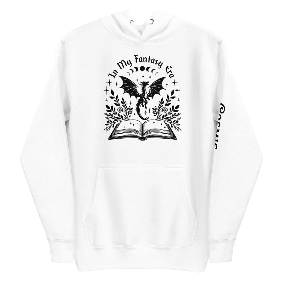 Romantasy hoodie — 'In My Fantasy Era' arched over an open book. Unisex graphic hoodie, a great romantasy gift.